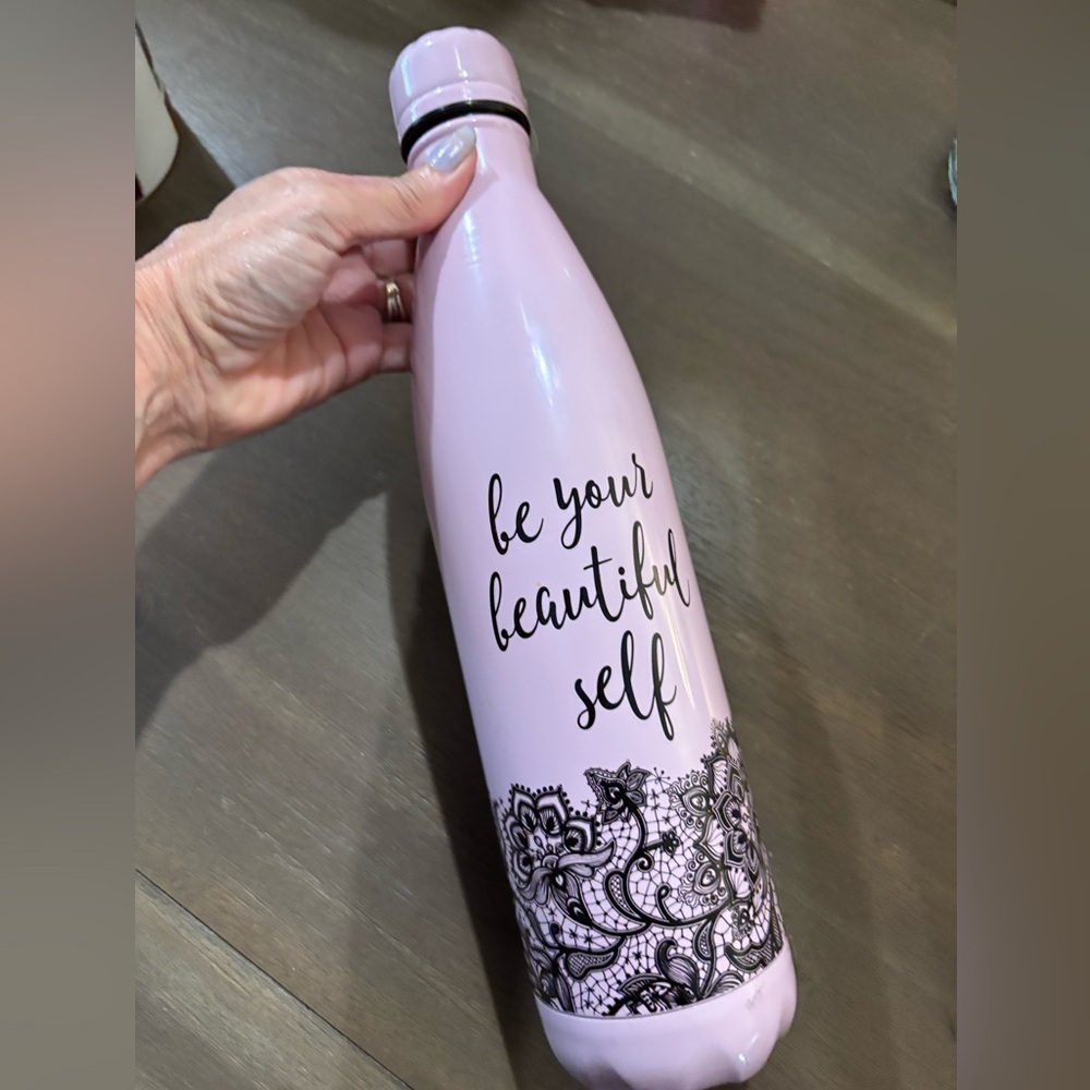 Pink Insulated Water Bottle with Black Lace Design Beautiful Self - Picture 1 of 5
